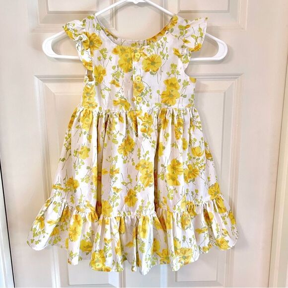 Girls Vintage Morgan Jones Fabric Casual Yellow Floral Ruffle Dress Size 4T - Picture 2 of 11